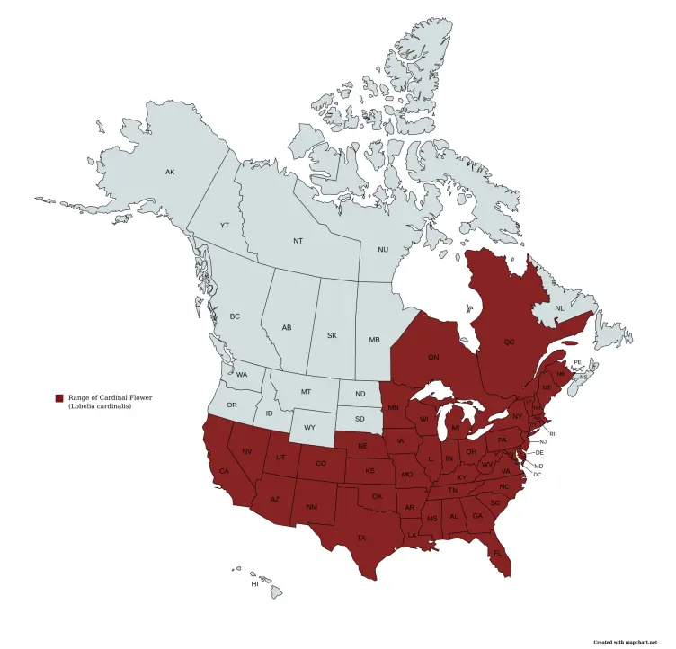 Range map of cardinal flower (Lobelia cardinalis) in the United States and Canada.