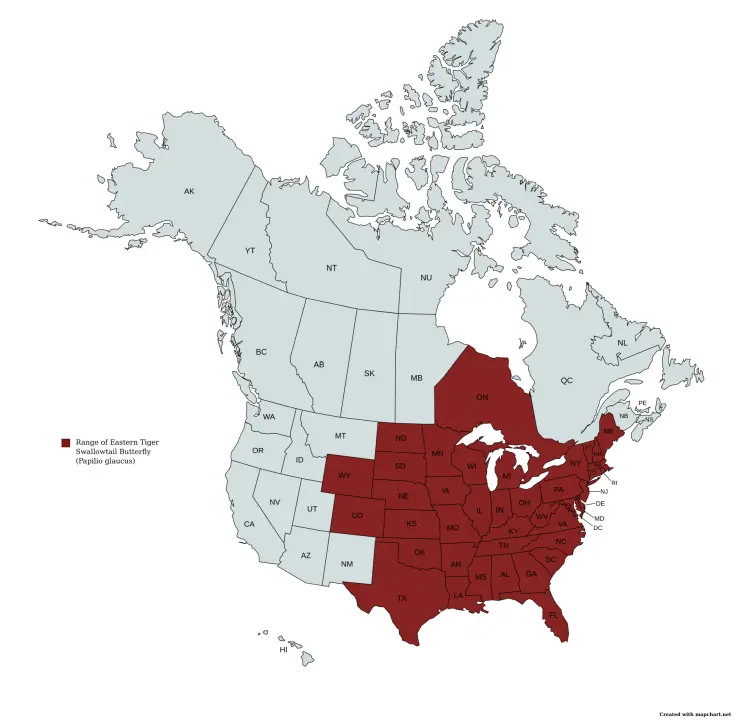 Range map of Eastern Tiger Swallowtail (Papilio glaucus) in the United States and Canada.