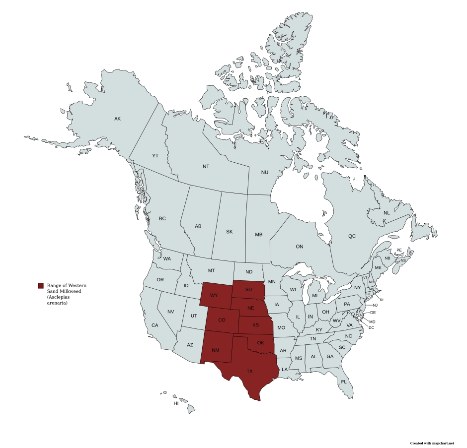 Range map of western sand milkweed (Asclepias arenaria) in the United States and Canada.