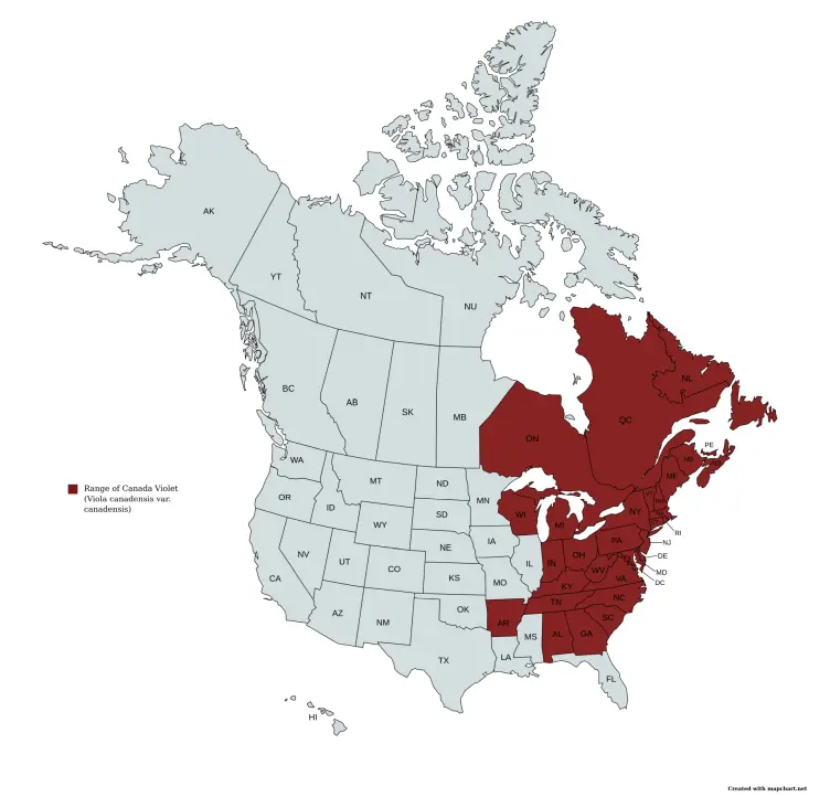 Range Map of Canada Violet (Viola canadensis) in the United States and Canada.