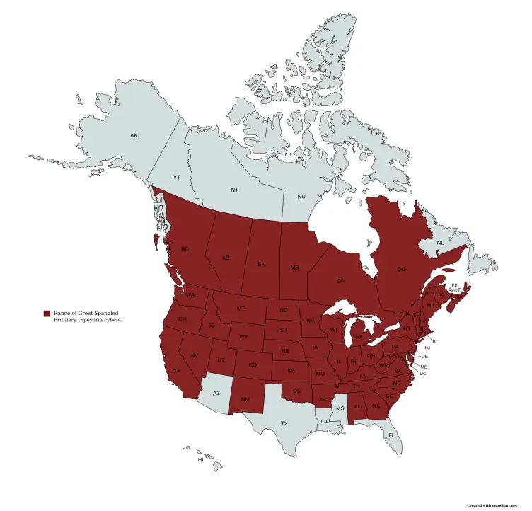 Range map of Great Spangled Fritillary (Speyeria cybele) in the United States and Canada.