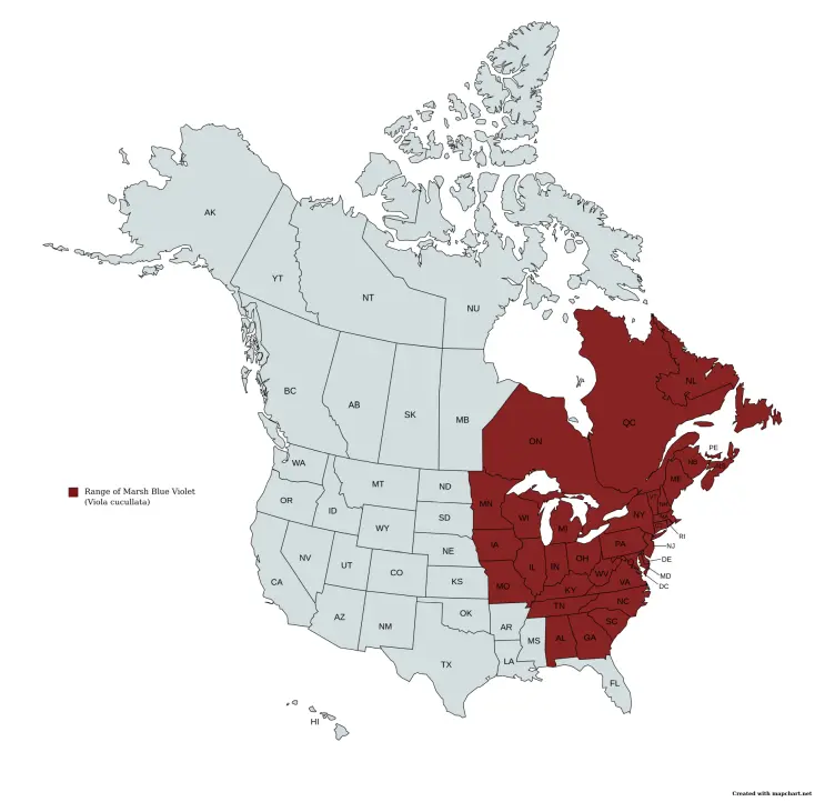Range Map of Marsh Blue Violet (Viola cucullata) in the United States and Canada.