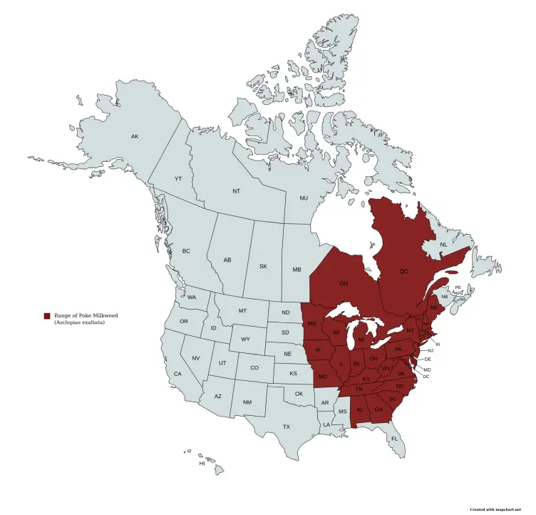 Range map of poke milkweed (Asclepias exaltata) in the United States and Canada.