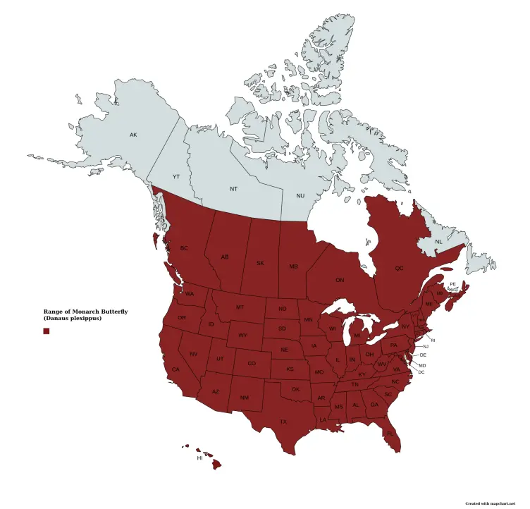Range map of Monarch Butterfly (Danaus plexippus) in the United States and Canada.