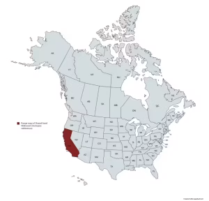 Range map of California milkweed (Asclepias californica) in the United States and Canada.