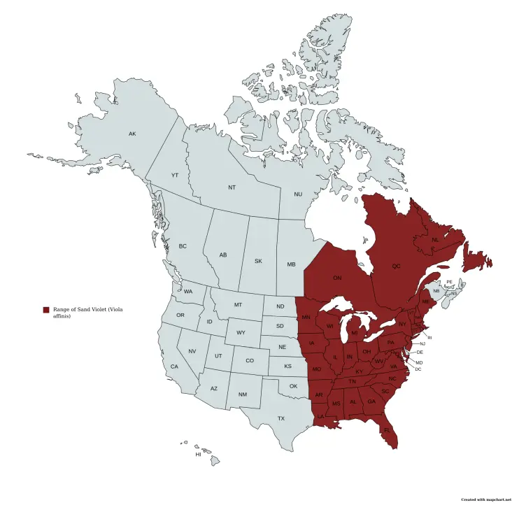 Range map of Sand Violet (Viola affinis) in the United States and Canada.