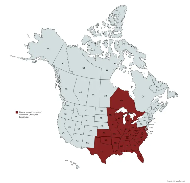 Range map of Long-leaf Milkweed (Asclepias longifolia) in the United States and Canada.