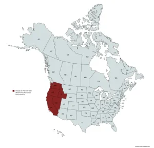 Range map of narrow-leaf milkweed (Asclepias fascicularis) in the United States and Canada.
