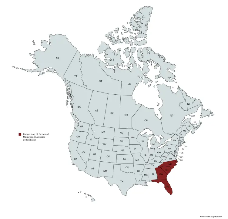 Range map of Savannah Milkweed (Asclepias pedicellata) in the United States and Canada.