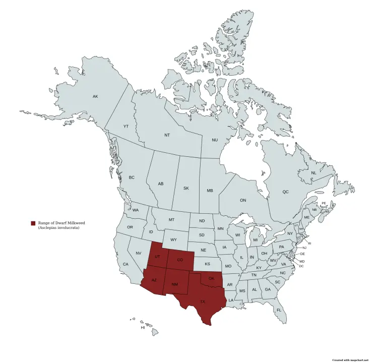 Range map of dwarf milkweed (Asclepias involucrata) in the United States and Canada.