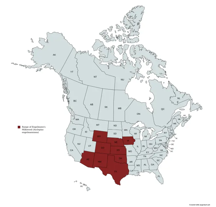 Range map of engelmann's milkweed (Asclepias engelmanniana) in the United States and Canada.