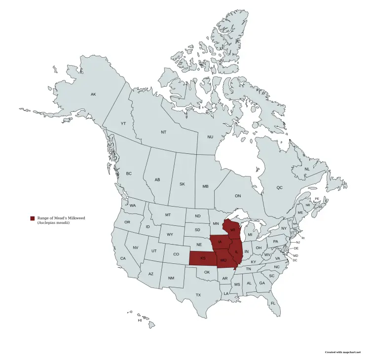 Range map of Mead's milkweed (Asclepias meadii) in the United States and Canada.