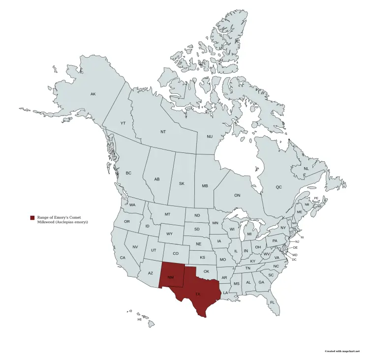 Range map of emory's milkweed (Asclepias emoryi) in the United States and Canada.