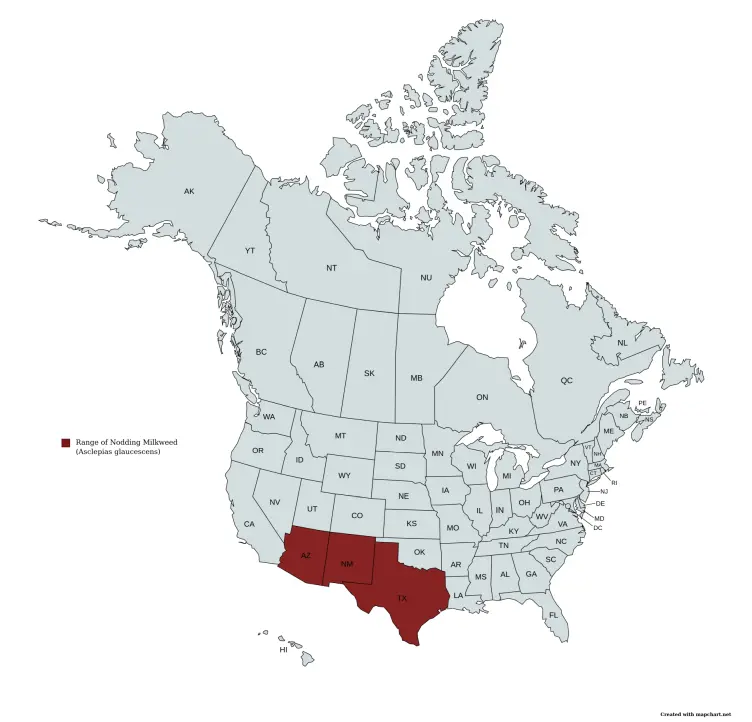 Range map of nodding milkweed (Asclepias glaucescens) in the United States and Canada.