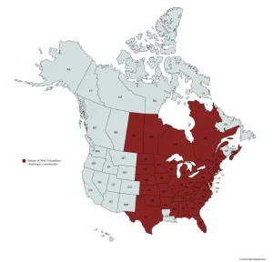 Range map of red columbine (Aquilegia canadensis) in the United States and Canada.