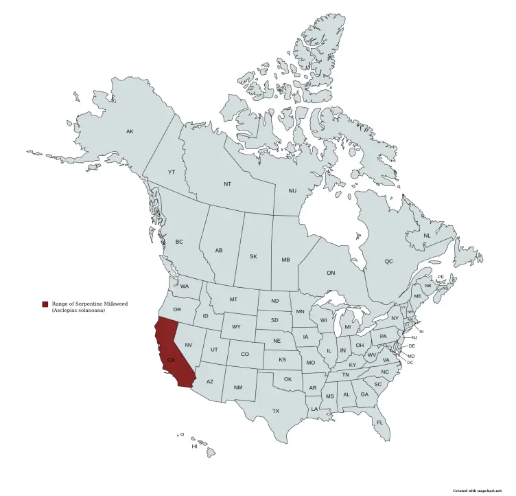Range map of serpentine milkweed (Asclepias solanoana) in the United States and Canada.