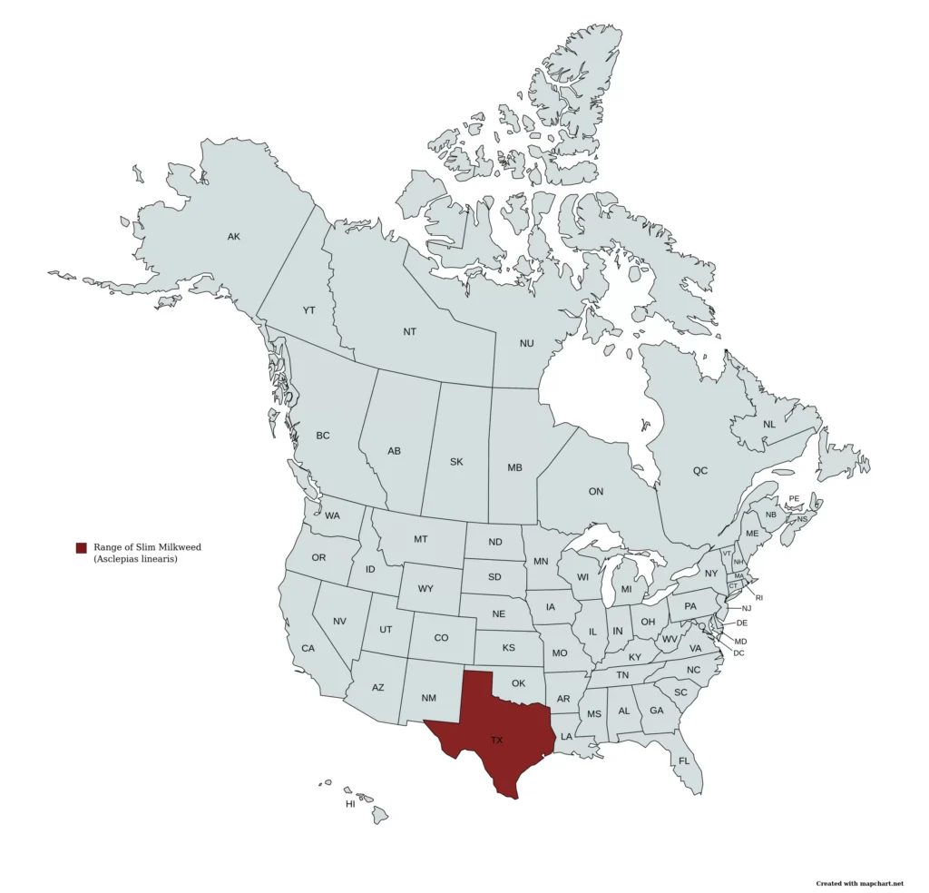Range of slim milkweed (Asclepias linearis) in the United States and Canada.