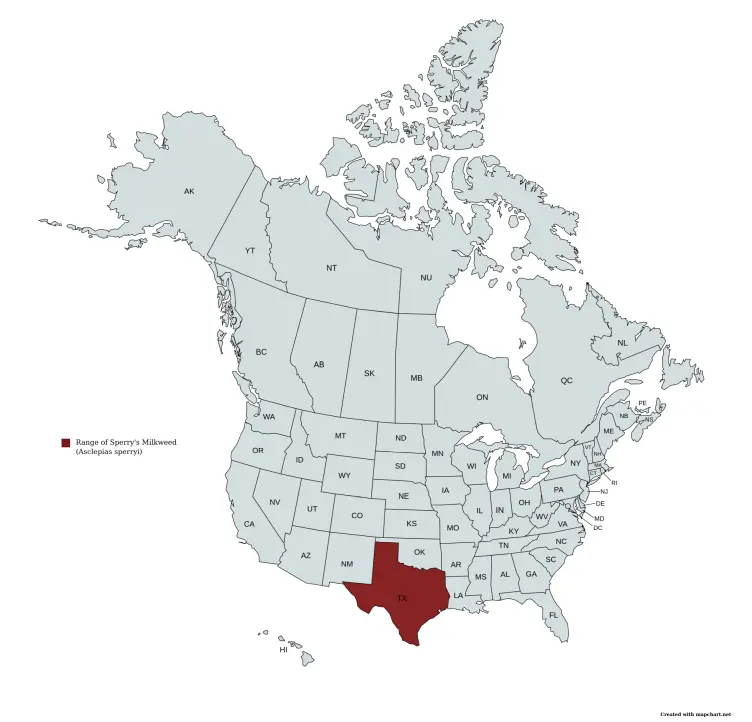 Range map of Sperry's Milkweed (Asclepias sperryi) in the United States and Canada.