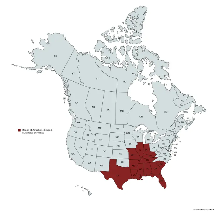 Range of aquatic milkweed (Asclepias perennis) in the United States and Canada.
