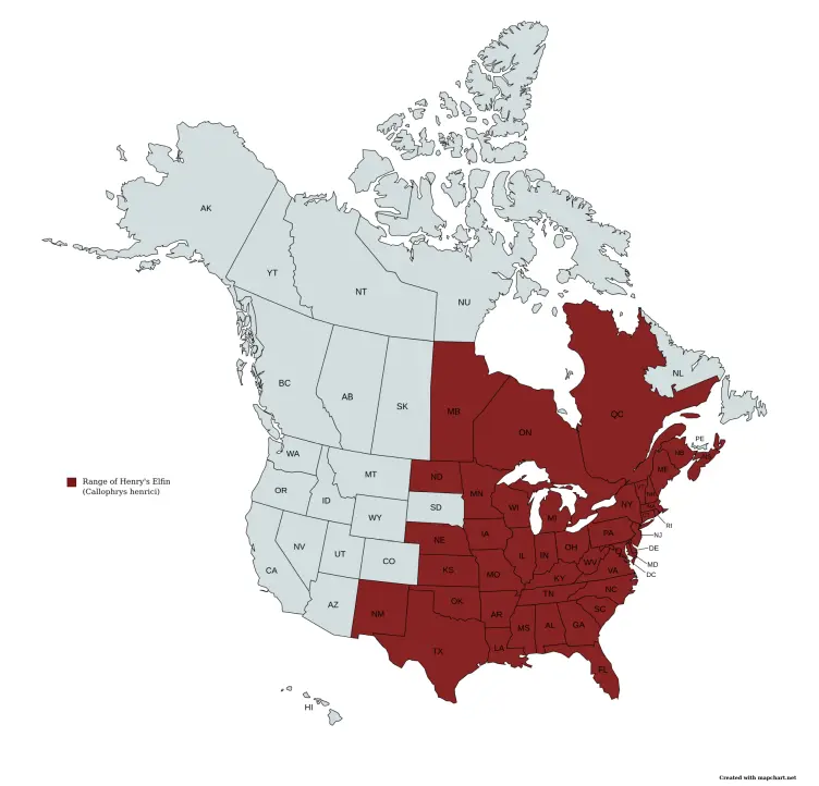 Range map of Henry's Elfin (Callophrys henrici) in the United States and Canada.
