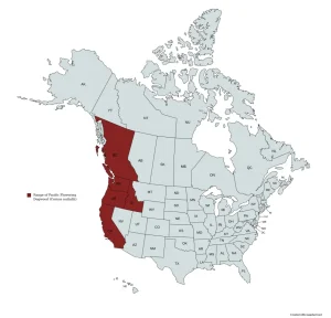 Range map of Pacific flowering dogwood (Cornus nuttallii) in the United States and Canada.