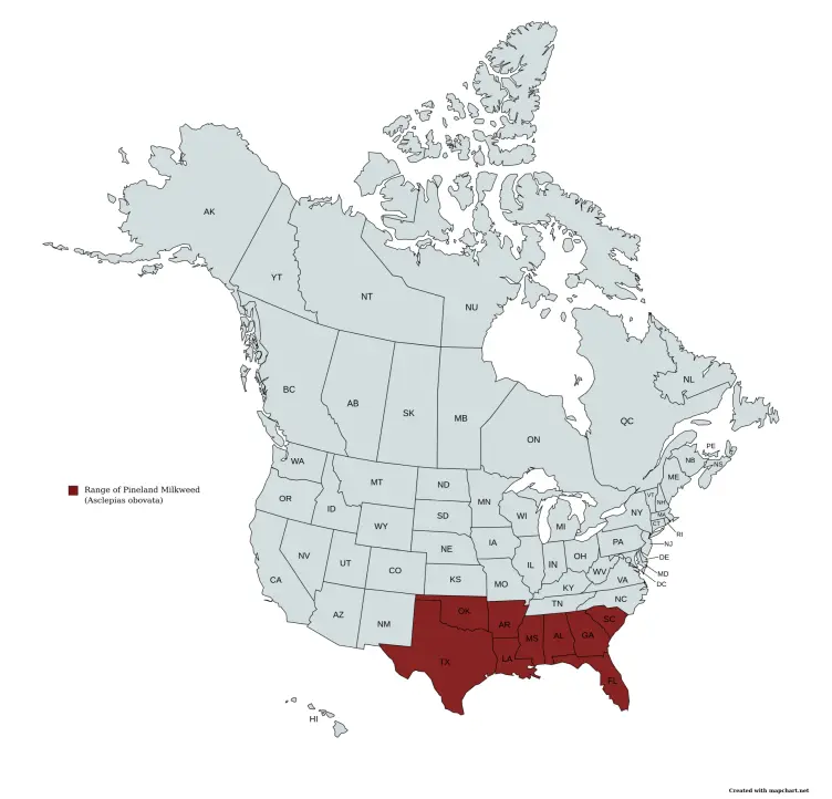 Range map of pineland milkweed (Asclepias obovata) in the United States and Canada.