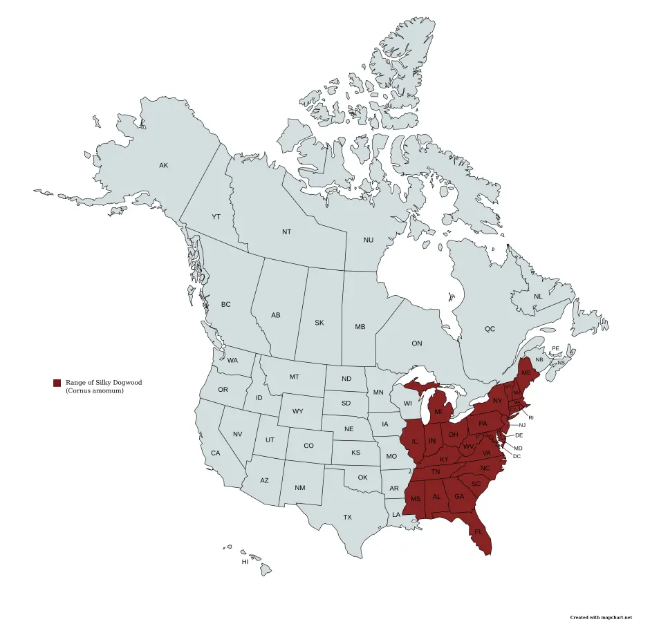 Range map of silky dogwood (Cornus amomum) in the United States and Canada.