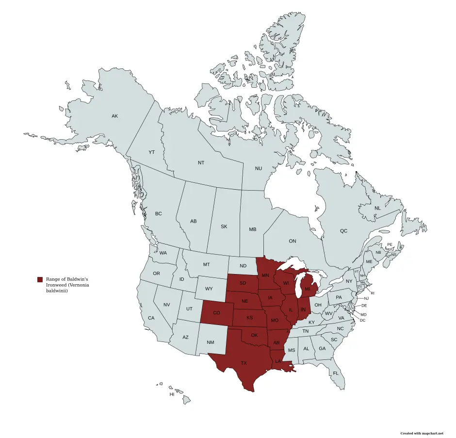 Range map of Western Ironweed (Vernonia baldwinii) in the United States and Canada.