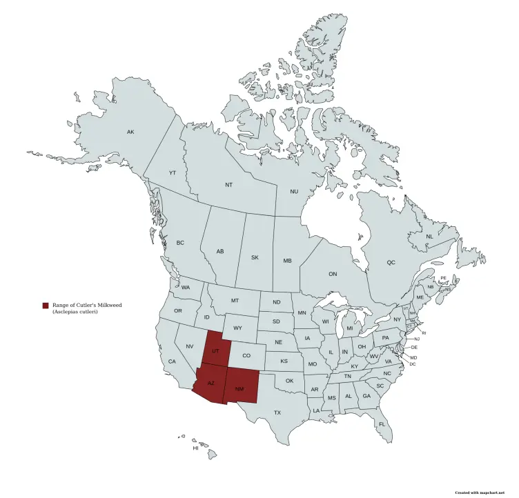 Range map of Cutler's milkweed (Asclepias cutleri) in the United States and Canada.