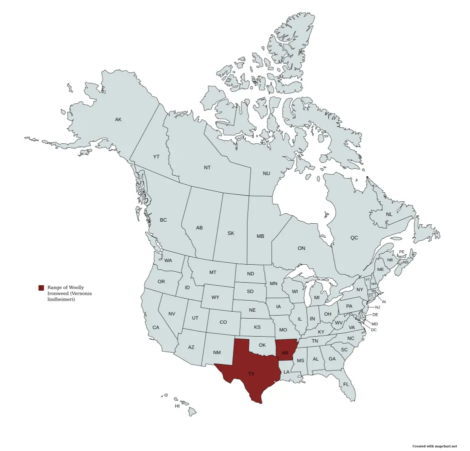 Range map of woolly ironweed (Vernonia lindhemieri) in the United States and Canada.