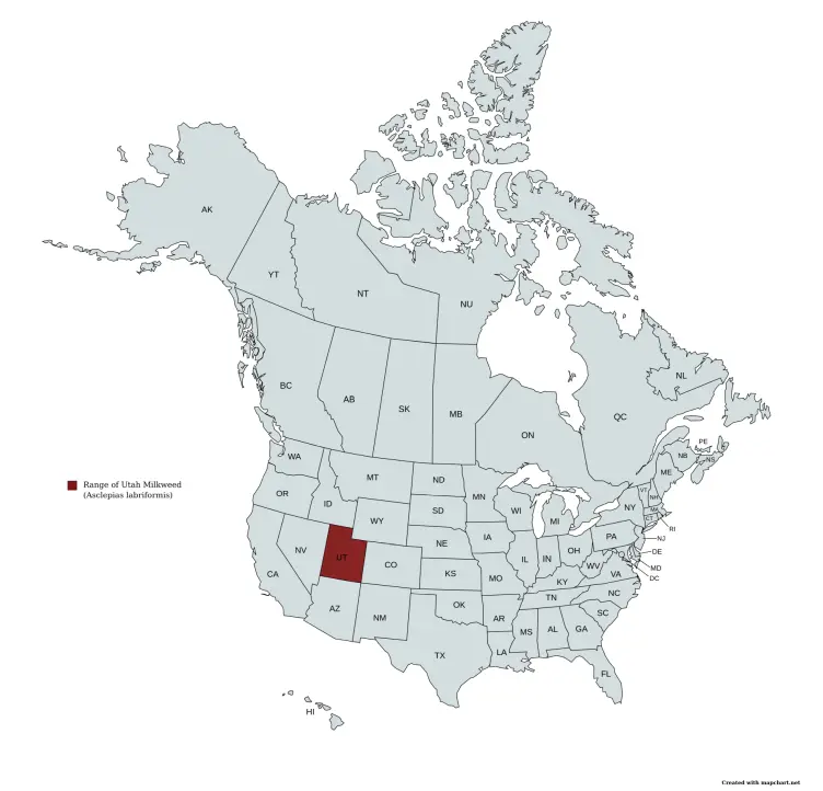 Range map of Utah milkweed (Asclepias labriformis) in the United States and Canada.