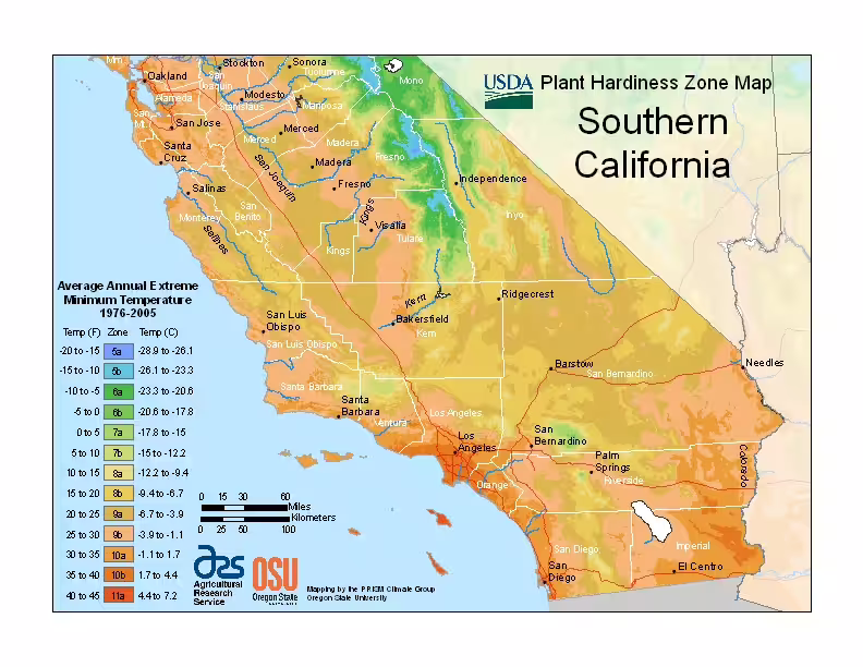 Map of the USDA plant hardiness zones for southern California.