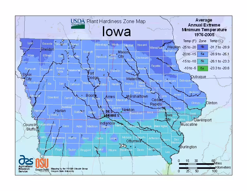 Map of USDA plant hardiness zones in the state of Iowa.