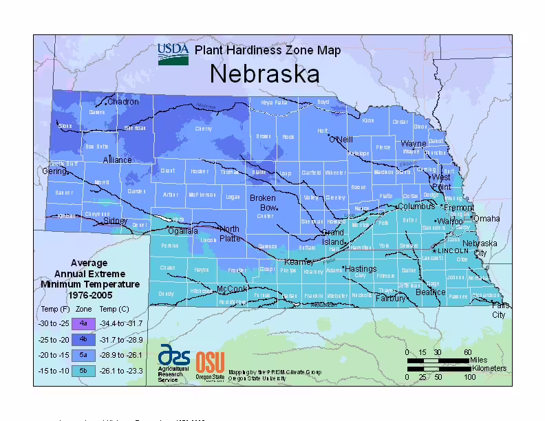 Map of USDA hardiness zones in the state of Nebraska.