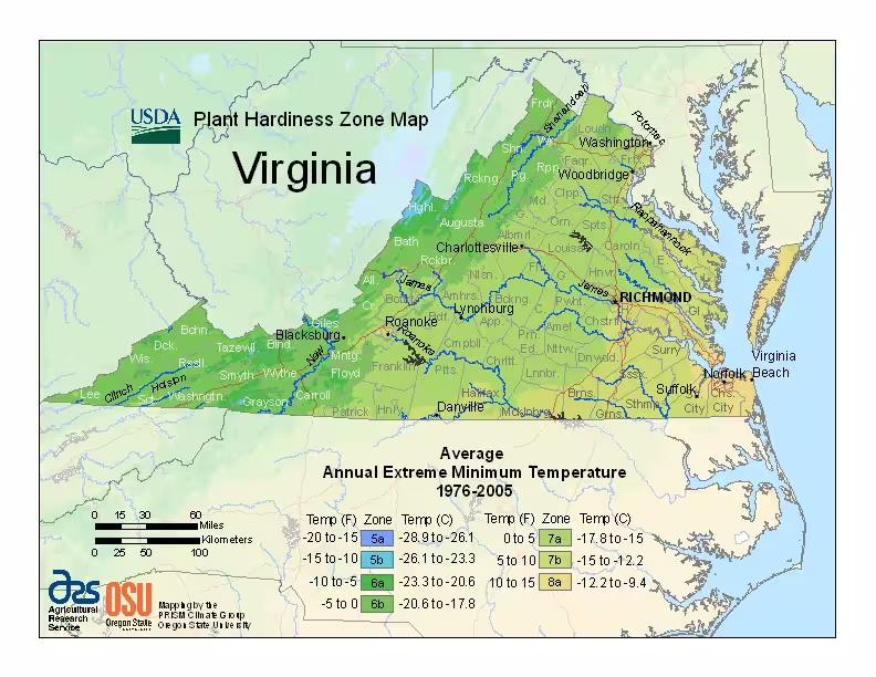 Map of the USDA plant hardiness zones in the state of Virginia.