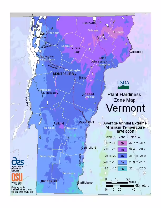 Vermont USDA hardiness zone map.