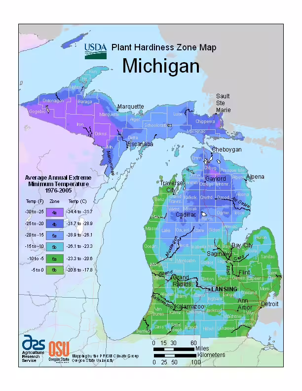 USDA plant hardiness zones in the state of Michigan.