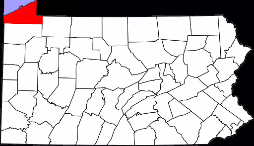 Map of Pennsylvania with the county of Erie highlighted in red.