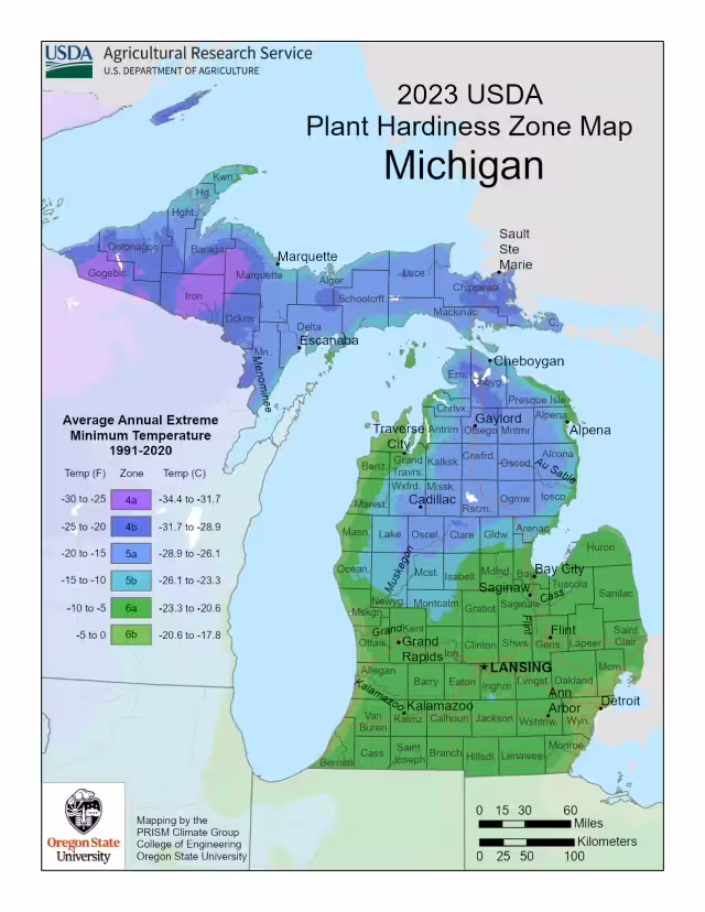 2023 USDA plant hardiness zone map for the state of Michigan.