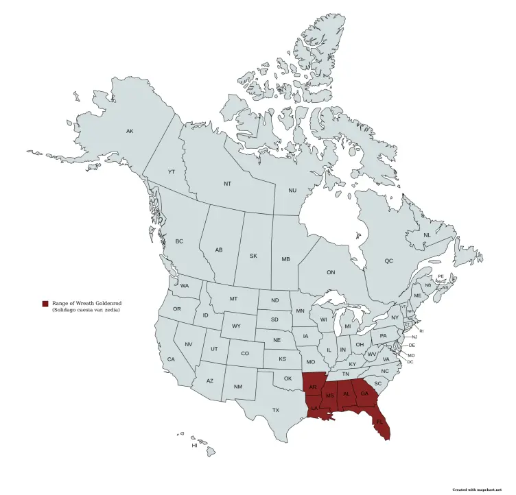 Range map of wreath goldenrod (Solidago caesia var. zedia) in the United States and Canada.