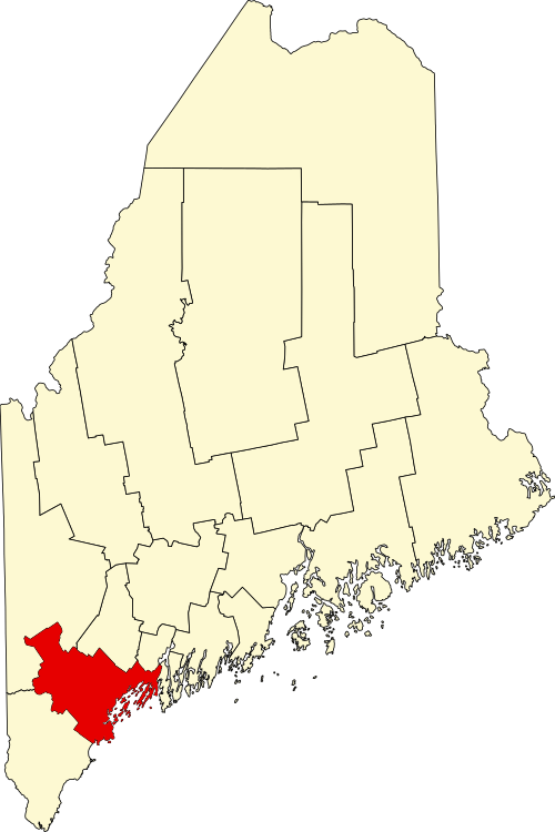 Map of Maine with Cumberland County in red.