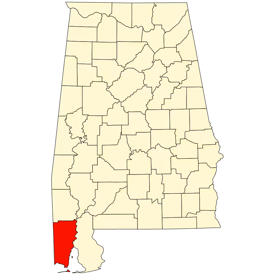Map of Alabama with Mobile County highlighted in red.