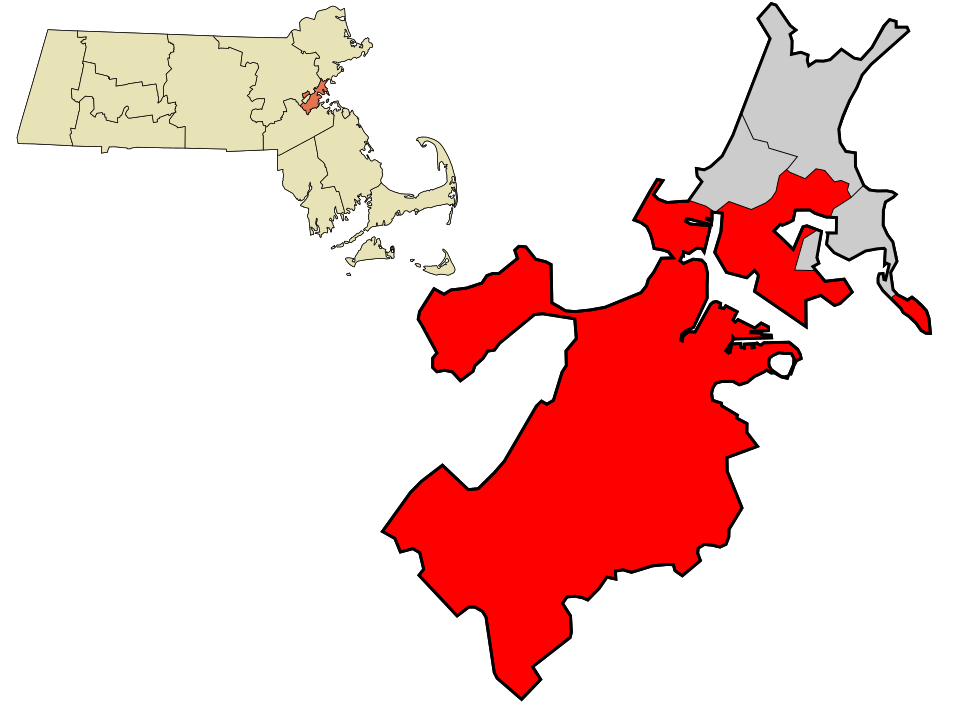 Suffolk County, MA with the city of Boston highlighted in red.