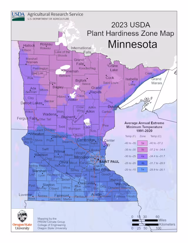 Minnesota plant hardiness zone map.